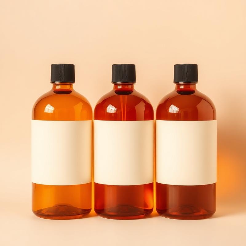 Three amber glass amenity bottles with blank cream labels