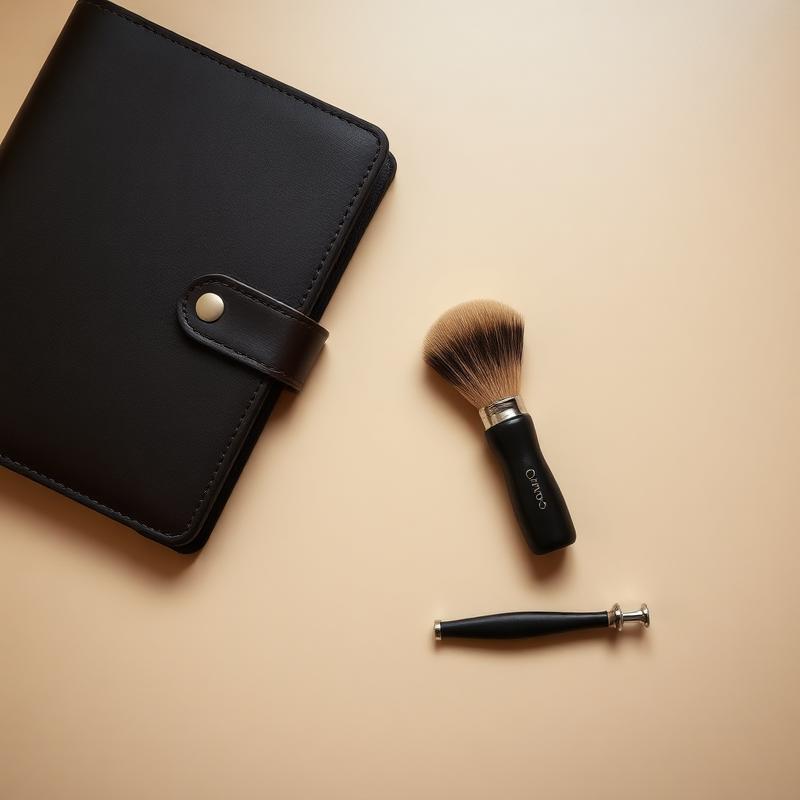 A dark leather folio beside a shaving brush and razor