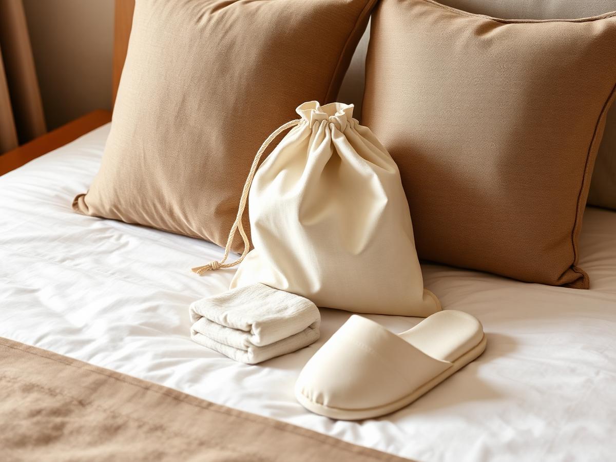 A linen drawstring laundry bag and folded slippers resting on a hotel bed